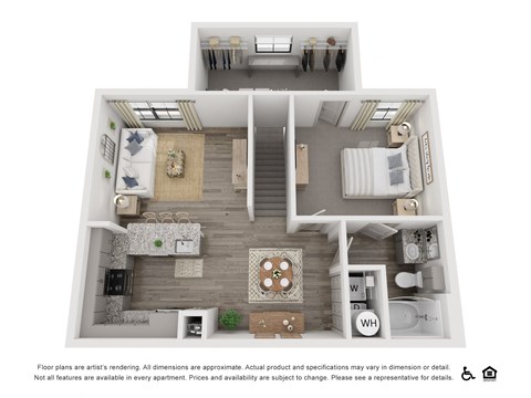 Floor plan for 1 bed, 1 bath, 885 sqft